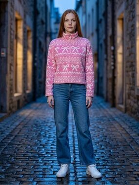 No Boundaries Pink Bow-Print Fleece Quarter-Zip Fleece Sweater Sz S 4-6 Festive